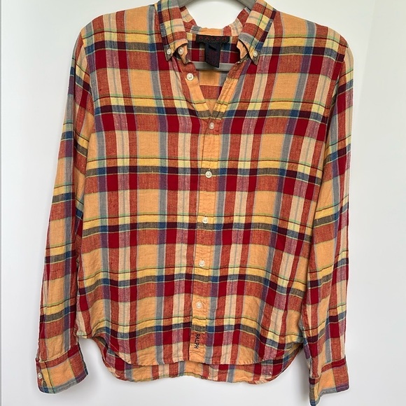 Ralph Ralph Lauren Linen Top Button Down Collared Plaid Shirt - Picture 1 of 15